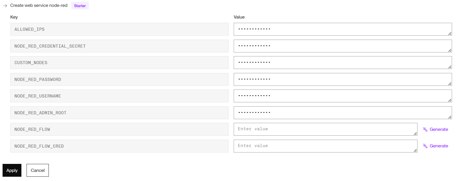 environmental variables in the dashboard